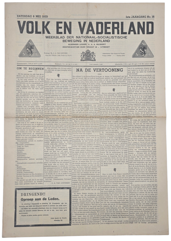 Original WW2 Dutch Collaboration NSB Newspaper - Volk en Vaderland, 1st year no. 18 (1933)