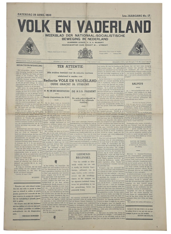 Original WW2 Dutch Collaboration NSB Newspaper - Volk en Vaderland, 1st year no. 17 (1933)