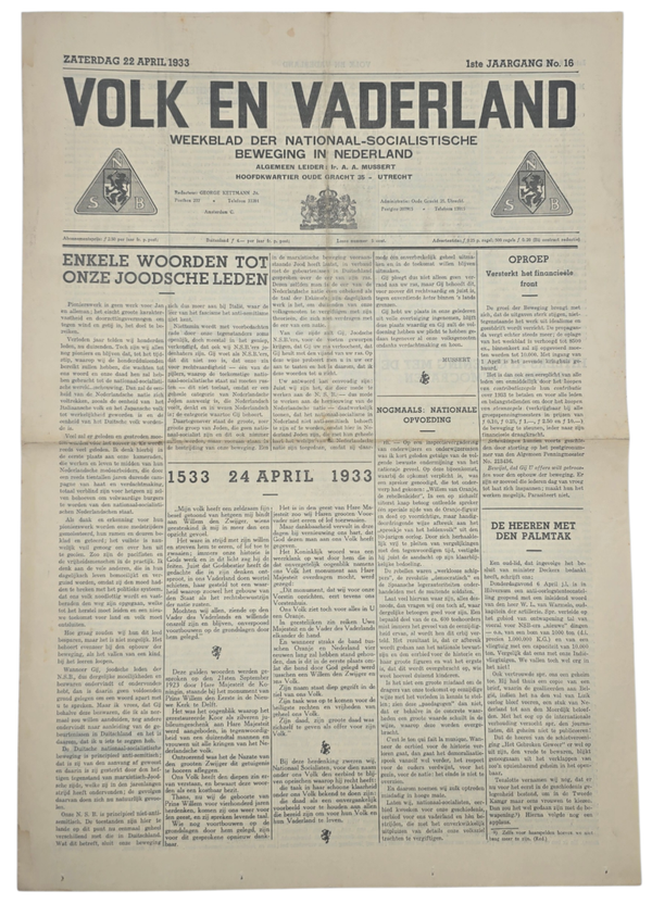 Original WW2 Dutch Collaboration NSB Newspaper - Volk en Vaderland, 1st year no. 16, to Jewish NSB members (1933)