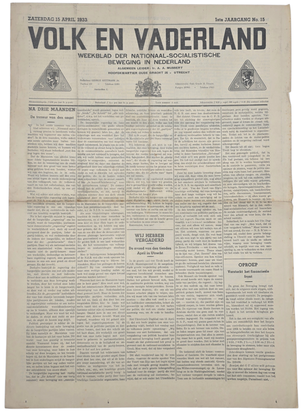 Original WW2 Dutch Collaboration NSB Newspaper - Volk en Vaderland, 1st year no. 15 (1933)