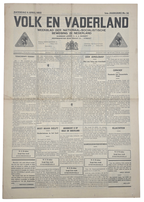 Original WW2 Dutch Collaboration NSB Newspaper - Volk en Vaderland, 1st year no. 14 (1933)