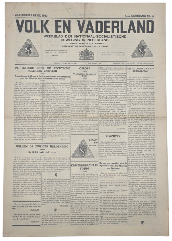 Original WW2 Dutch Collaboration NSB Newspaper - Volk en Vaderland, 1st year no. 13 (1933)