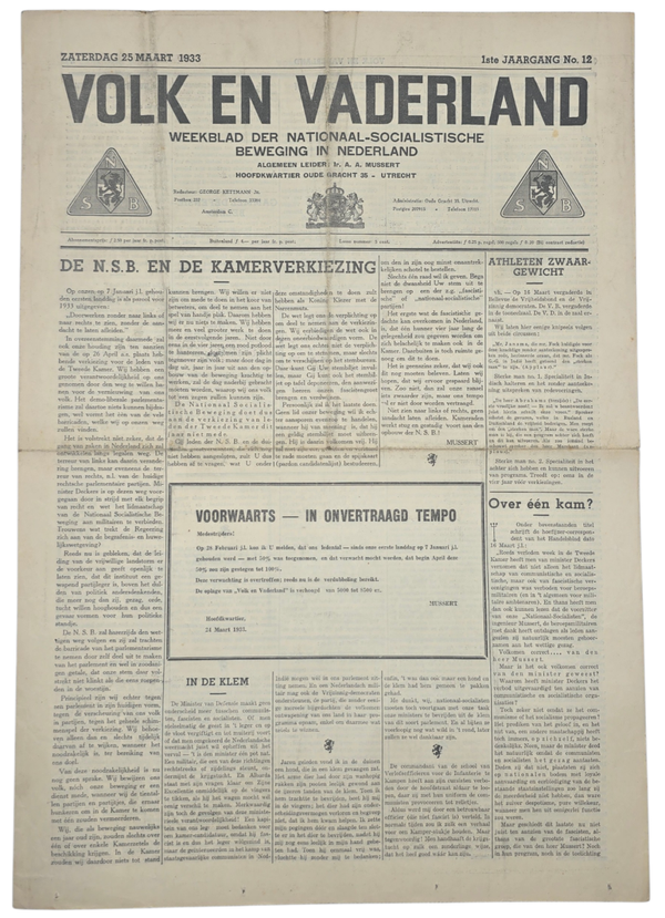 Original WW2 Dutch Collaboration NSB Newspaper - Volk en Vaderland, 1st year no. 12, Elections (1933)