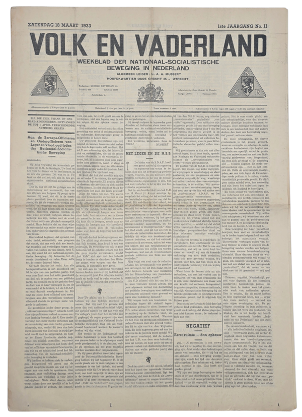 Original WW2 Dutch Collaboration NSB Newspaper - Volk en Vaderland, 1st year no. 11 (1933)