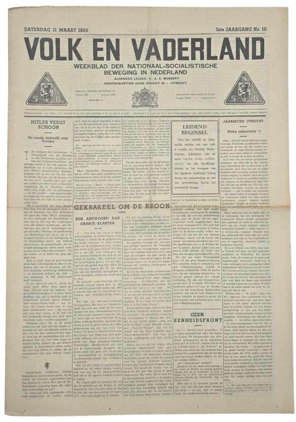 Original WW2 Dutch Collaboration NSB Newspaper - Volk en Vaderland, 1st year no. 10 (1933)