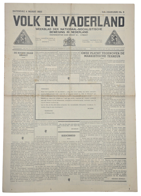 Original WW2 Dutch Collaboration NSB Newspaper - Volk en Vaderland, 1st year no. 9 (1933)