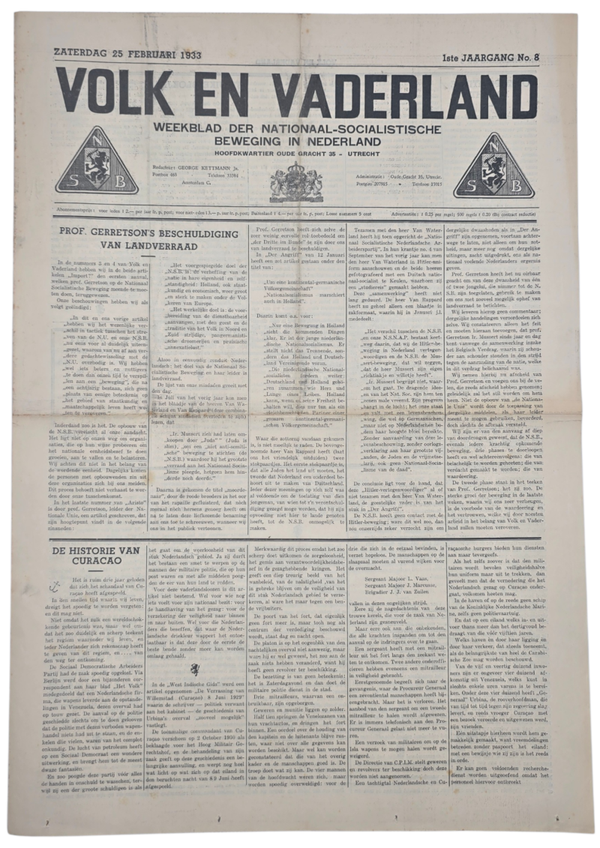 Original WW2 Dutch Collaboration NSB Newspaper - Volk en Vaderland, 1st year no. 8 (1933)