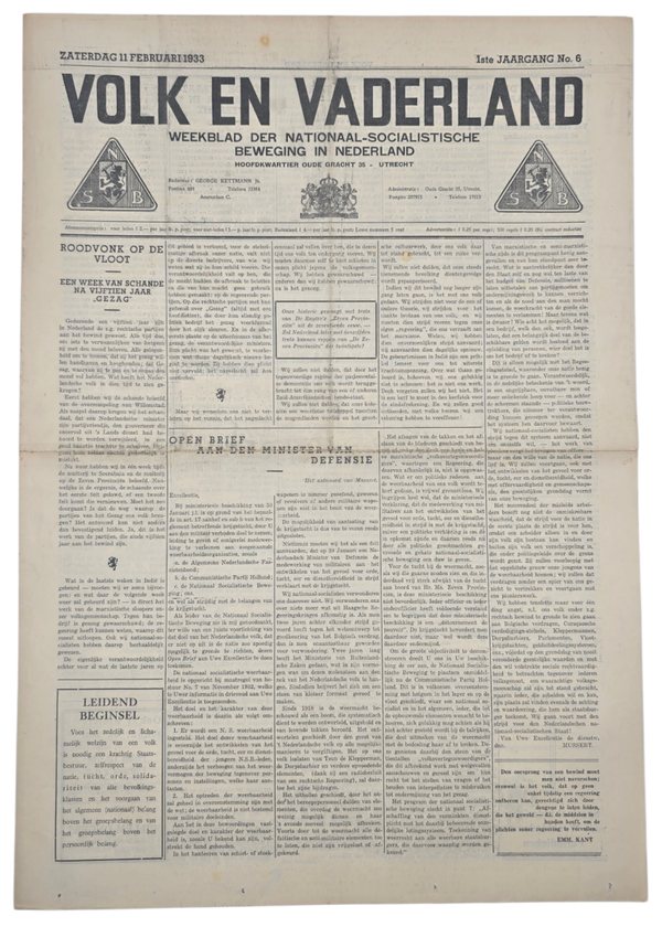 Original WW2 Dutch Collaboration NSB Newspaper - Volk en Vaderland, 1st year no. 6 (1933)