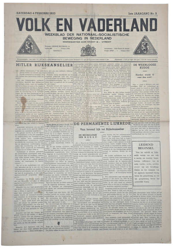 Original WW2 Dutch Collaboration NSB Newspaper - Volk en Vaderland, 1st year no. 5, Hitler Reichskanzler (1933)