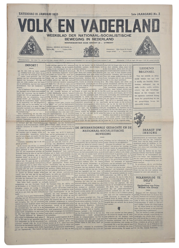 Original WW2 Dutch Collaboration NSB Newspaper - Volk en Vaderland, 1st year no. 3 (1933)