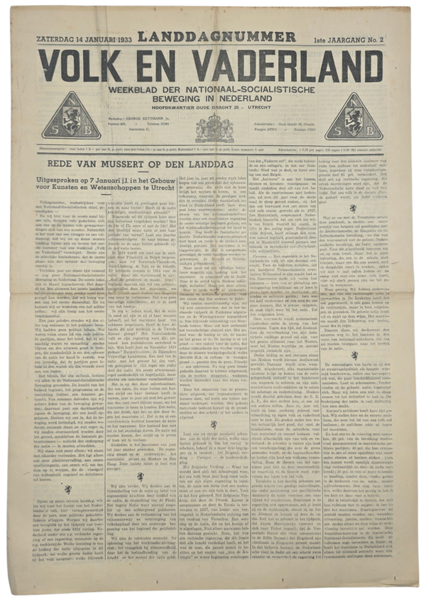 Original WW2 Dutch Collaboration NSB Newspaper - Volk en Vaderland, 1st year no. 2, Landdagnumer (1933)
