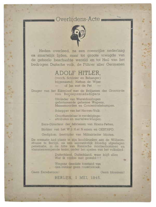 Original WW2 Dutch Document - Satirical Death Card Adolf Hitler (1945)
