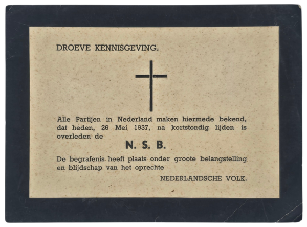 Original WW2 Dutch Document - Satirical death card for the NSB (1937)