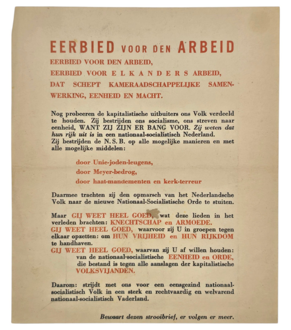 Original WW2 Dutch Antisemitic Collaboration NSB Document - Eerbied voor den Arbeid