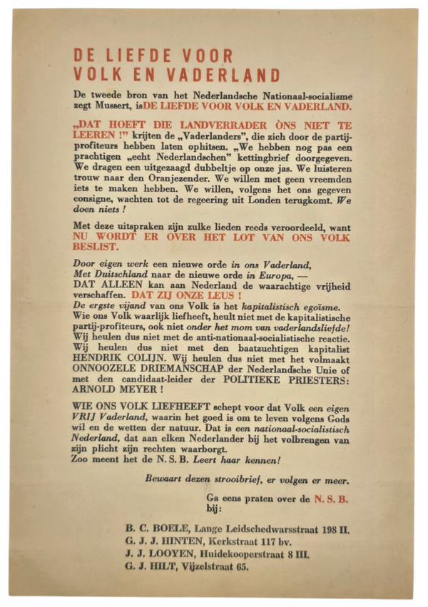 Original WW2 Dutch Collaboration NSB Flyer - De liefde voor Volk en Vaderland, Amsterdam