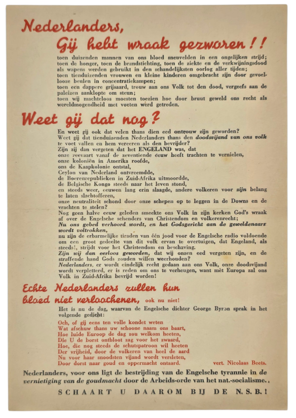 Original WW2 Dutch Collaboration NSB Flyer - Nederlanders, Gij hebt wraak gezworen!!     Origineel Wo2 Nederlands Collaboratie NSB Flyer - Nederlanders, Gij hebt wraak gezworen!!