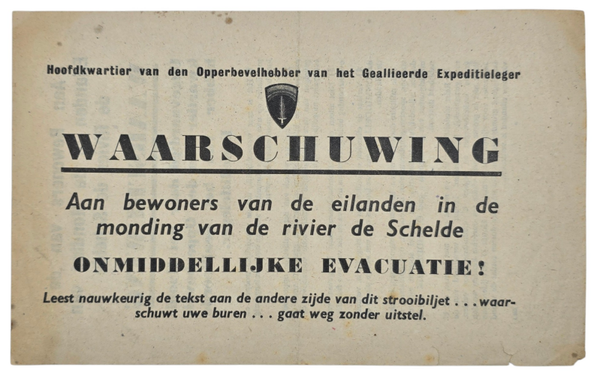 Original WW2 Dutch Leaflet - ZH 3 ''Waarschuwing aan de bewoners van de eilanden in de monding van de rivier de Schelde'' (1944)