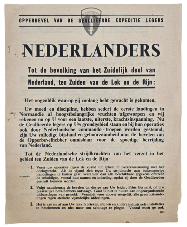 Original WW2 Allied Leaflet - ZH 2  ''Nederlanders tot de bevolking van het Zuidelijk deel van Nederland, ten Zuiden van de Lek en de Rijn'' (1944)