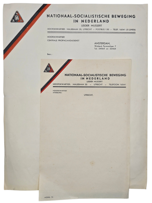 Original WW2 Dutch Collaboration NSB Document - Writing paper ''NSB Hoofdkwartier Utrecht & Centrale propagandadienst Amsterdam''