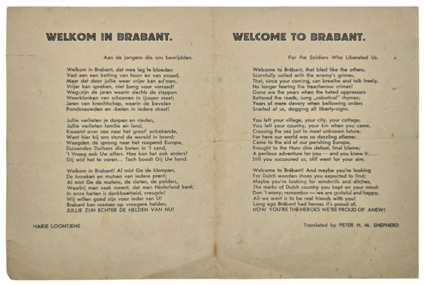 Original WW2 Dutch Liberation Document - Welcome to Brabant, Harie Loontjens (1944)