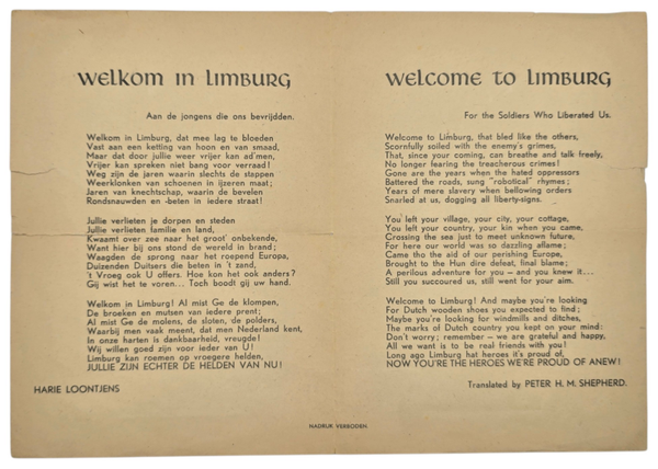 Original WW2 Dutch Liberation Document - Welcome to Limburg, Harie Loontjens (1944)