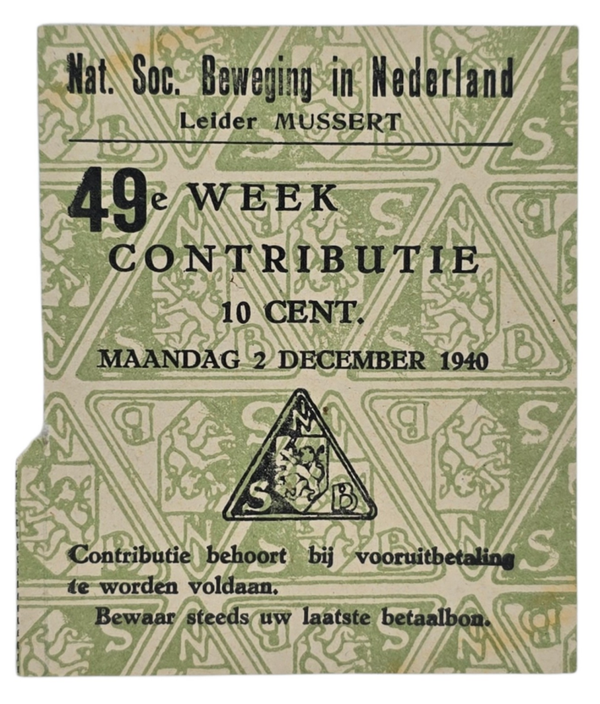 Original WW2 Dutch Collaboration NSB Document - Contribution seal 10 cent (1940)
