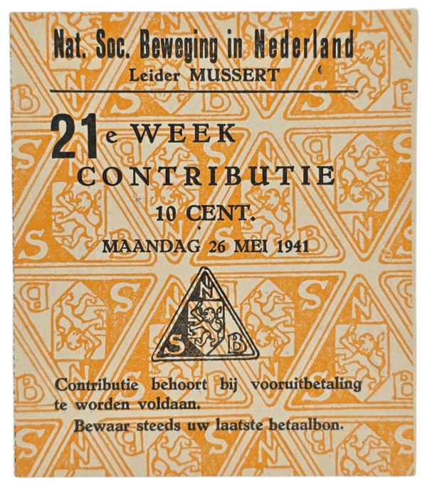 Original WW2 Dutch Collaboration NSB Document - Contribution seal 10 cents (1941)