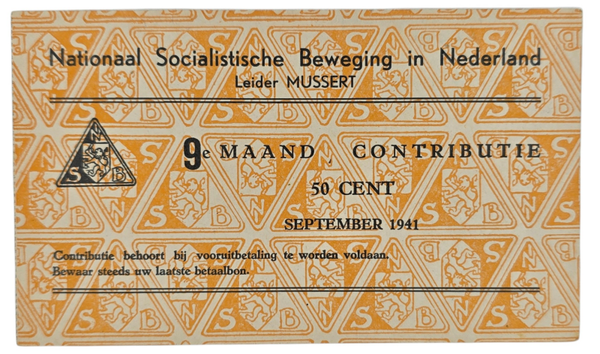 Original WW2 Dutch Collaboration NSB Document - Contribution seal 50 cents, September (1941)