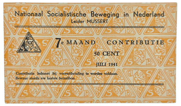 Original WW2 Dutch Collaboration NSB Document - Contribution seal 50 cents, july (1941)