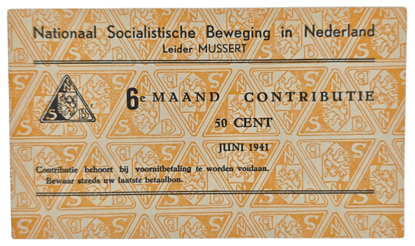 Original WW2 Dutch Collaboration NSB Document - Contribution seal 50 cents, June (1941)
