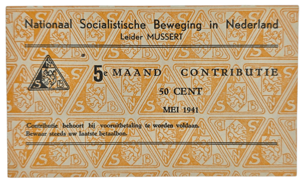 Original WW2 Dutch Collaboration NSB Document - Contribution seal 50 cents, May (1941)