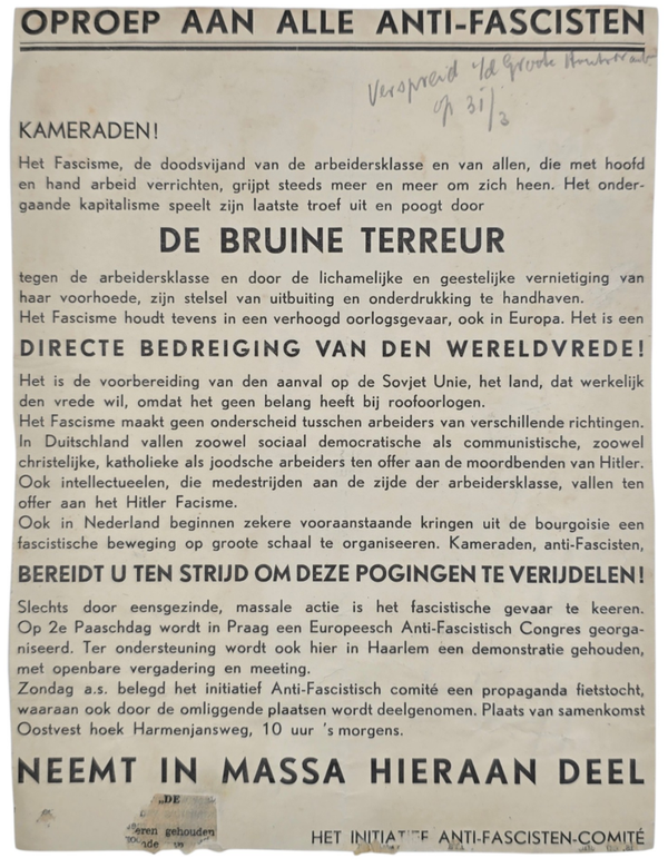 Original WW2 Dutch Antifascist Document - Oproep aan alle anti-fascisten, Initiatief Anti-Fascisten-Comité, Haarlem