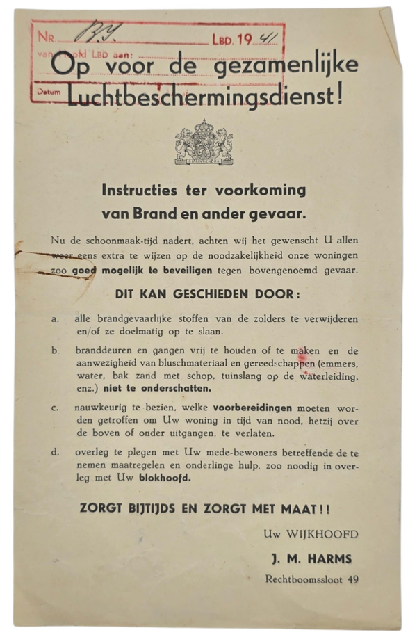 Original WW2 Dutch LBD Document - Luchtbeschermingsdienst Amsterdam instructions (1941)