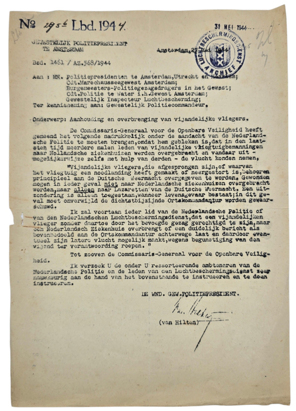 Original WW2 Dutch Document - Capturing enemy pilots on Dutch soil, Gemeentepolitie Amsterdam (1944)