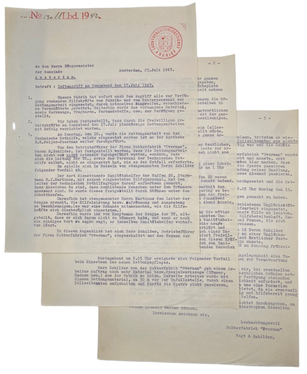 Original WW2 Dutch LBD Document - Report bombing Amsterdam-Noord 17th of July, Rubberfabriek Overman, Amsterdam (1943)