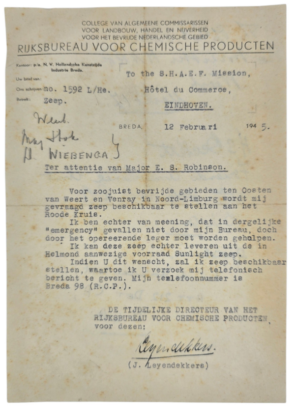 Original WW2 Dutch Document - Letter to Major E. S. Robinson, SHAEF Mission, Eindhoven, Weert, Venray (1945)