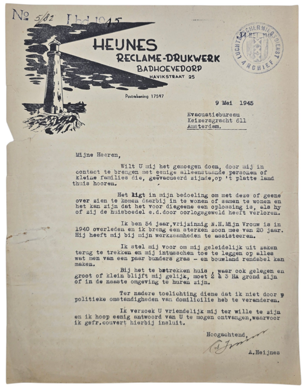 Original WW2 Dutch LBD Document - Luchtbeschermingsdienst Amsterdam refugee request, Badhoevedorp (1945)