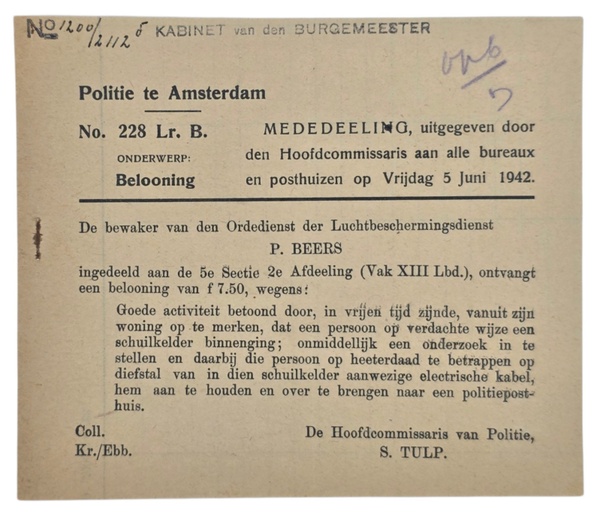 Original WW2 Dutch LBD Document - Dutch police reward for capturing a thief, S. Tulp (1942)