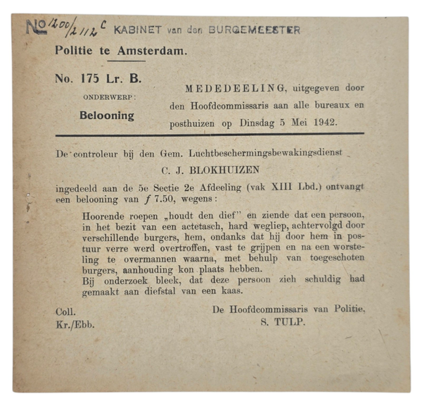Original WW2 Dutch LBD Document - Dutch police reward for capturing a thief, S. Tulp (1942)
