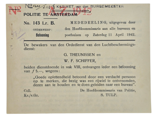 Original WW2 Dutch LBD Document - Dutch police reward for capturing a thief, S. Tulp (1942)