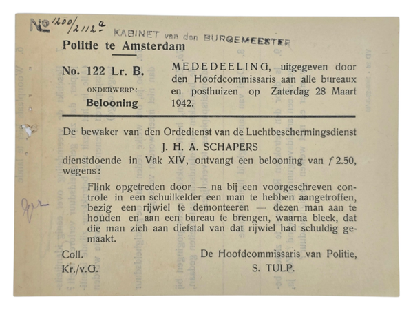 Original WW2 Dutch LBD Document - Dutch police reward for capturing a thief, S. Tulp (1942)
