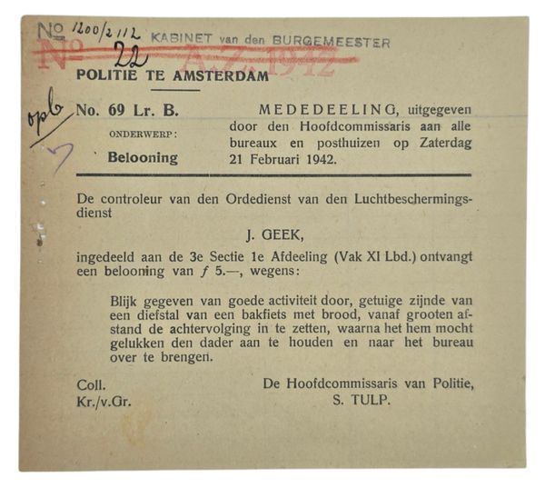Original WW2 Dutch LBD Document - Dutch police reward for capturing a thief, S. Tulp (1942)