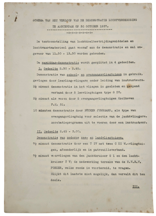Original WW2 Dutch LBD Document - Demonstration Air defence Amsterdam, LBD & LVA, Fokker & Koolhoven (1937)