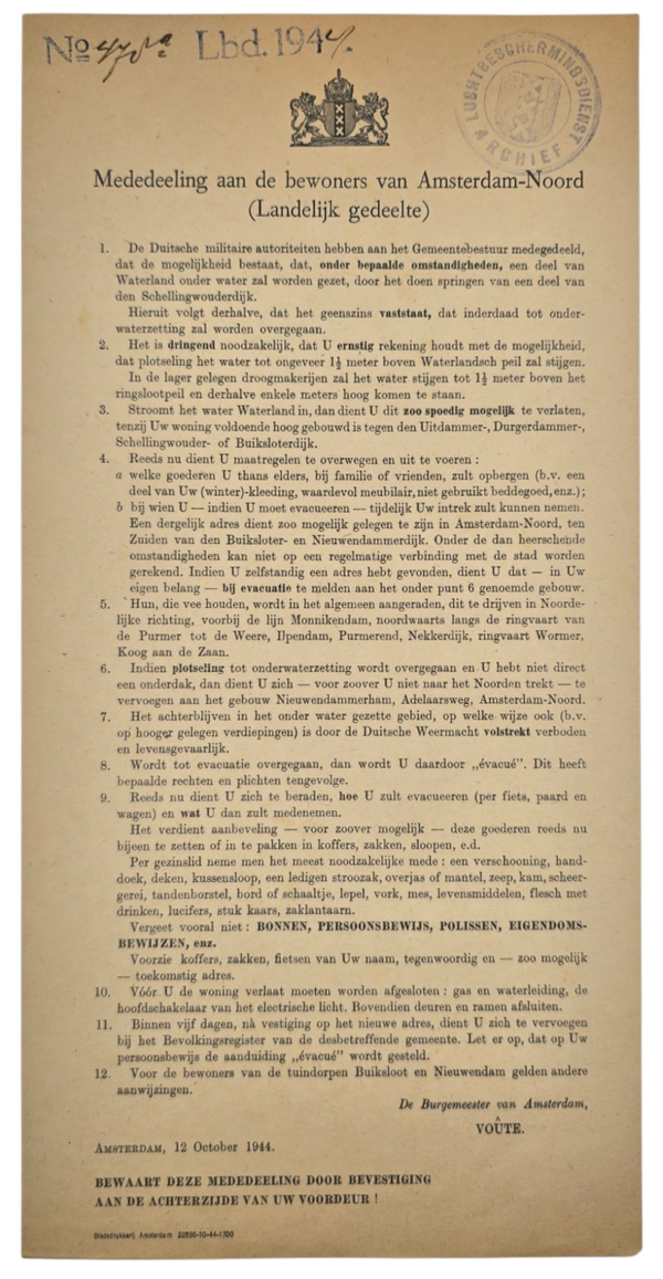 Original WW2 Dutch LBD Document - Note to all inhabitants of Amsterdam Noord, inundations (1944)
