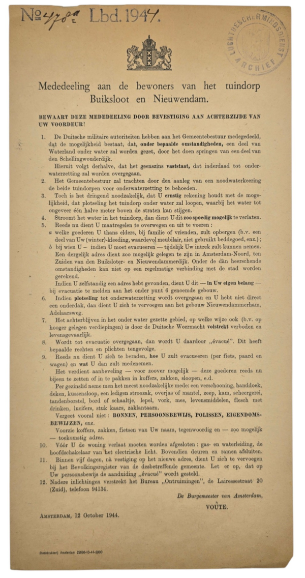 Original WW2 Dutch LBD Document - Note to all inhabitants of Amsterdam Buiksloot Nieuwendam, inundations (1944)