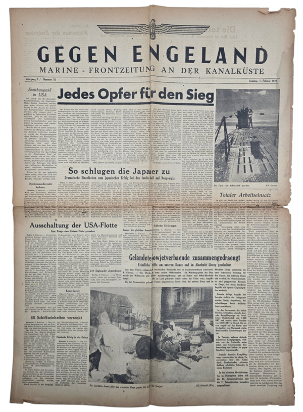 Original WW2 German Newspaper - Gegen Engeland, Marine Frontzeitung an der Kanalküste No. 31 (1943)