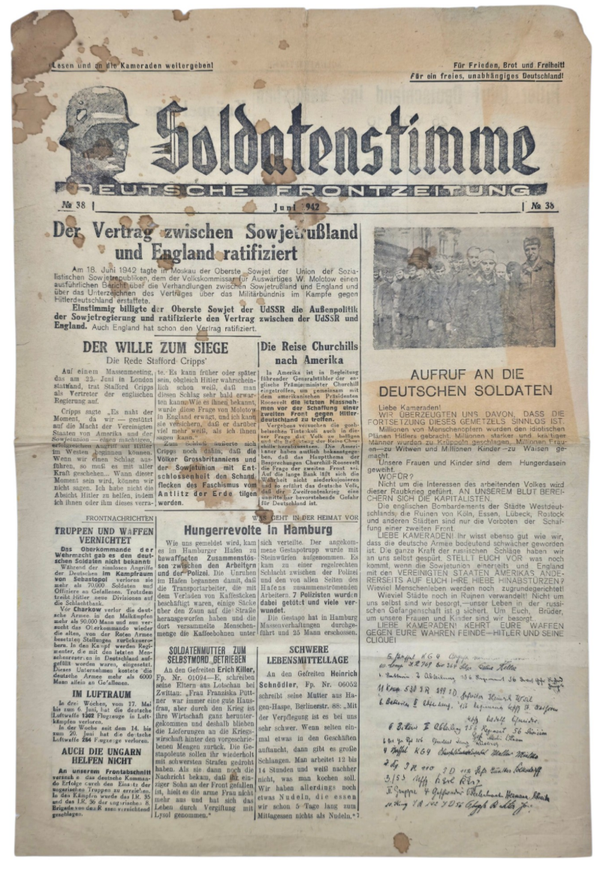 Original WW2 Russian Leaflet - Soldatenstimme, Deutsche Frontzeitung No. 38 (1942)