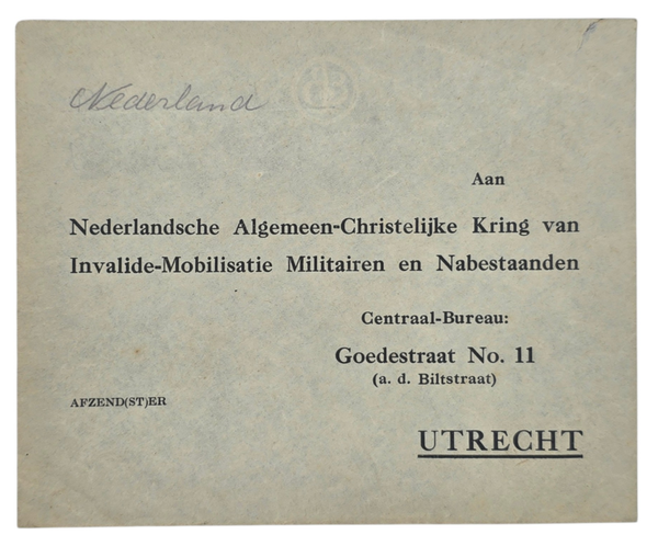 Original WW2 Dutch Document - Envelope Nederlandsche Algemeen Christelijke Kring van Invalide Mobilisatie en Nabestaanden, Utrecht