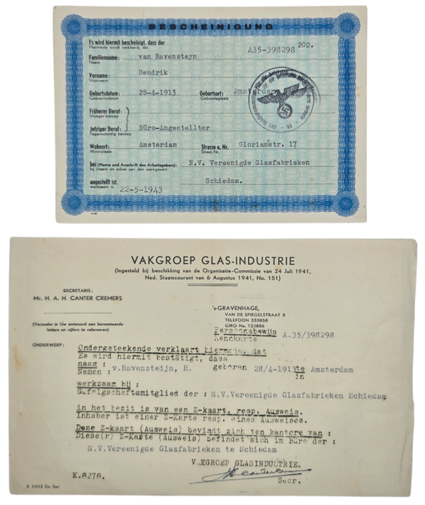 Original WW2 Dutch Document - Bescheinigung NV Vereenigde Glasfabrieken Amsterdam Schiedam (1943)