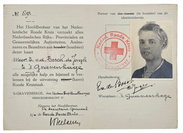 Original WW2 Dutch Document - Dutch Red Cross ID Card Elisabeth van den Bosch- de Jongh, Den Haag (1943)